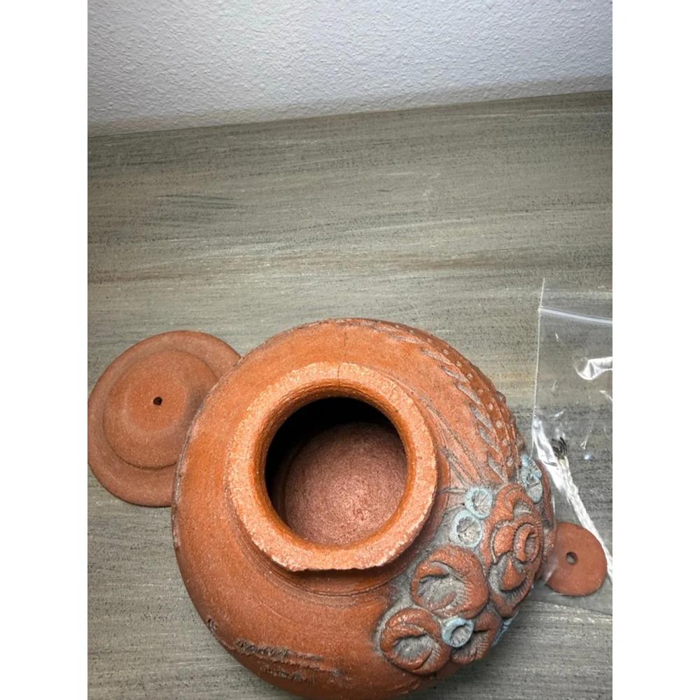 Signed Studio Pottery Oil Lamp 2001 Handmade Terracotta Floral – Decorative Only